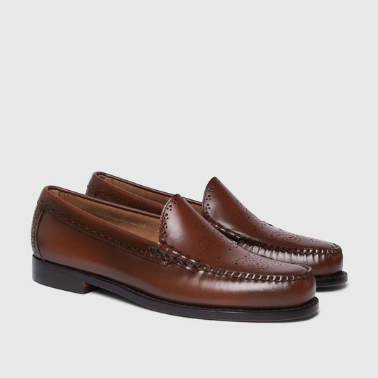 Brown leather Bass Men's Weejun Venetian Brogue loafer shoe with decorative perforations and a stitched vamp detail, viewed