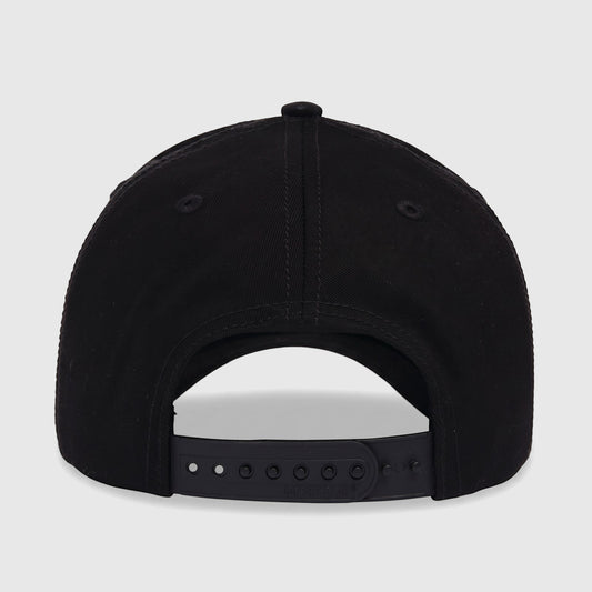 Black Cat Patch baseball cap with a white and yellow logo, viewed from a slightly angled front-side perspective.