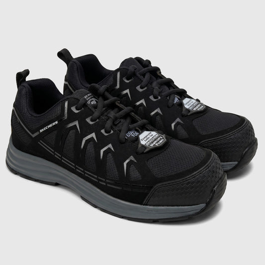 Skechers Men's Workmalad II Composite Toe Safety Sneaker 200127EC in black, featuring an ESD symbol and grey sole, shown in