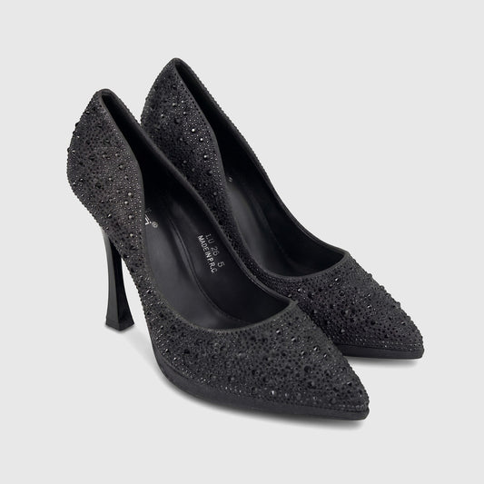 Bulbul Ladies Evening Court Shoe LU026 in black, featuring all-over rhinestone embellishments and a high heel.