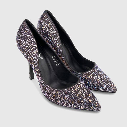 Bulbul Ladies Evening Court Shoe LU027 in black, featuring a pointed toe and stiletto heel adorned with sparkling iridescent