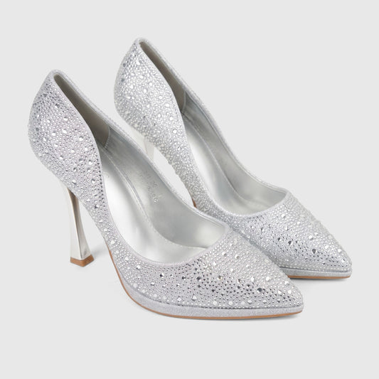Bulbul Ladies Evening Court Shoe LU026 in shimmering silver, adorned with rhinestones, featuring a sleek pointed toe and a