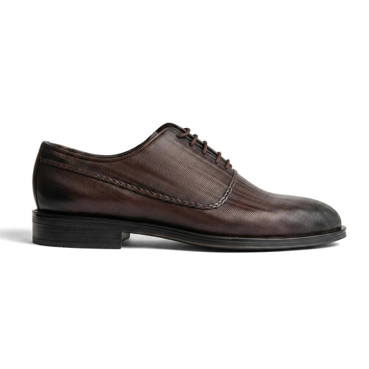Bulletti Men's Leather Dress Lace Up 24-491 Brown BC78 shoe, bottom view showing black rubber sole and brown trim