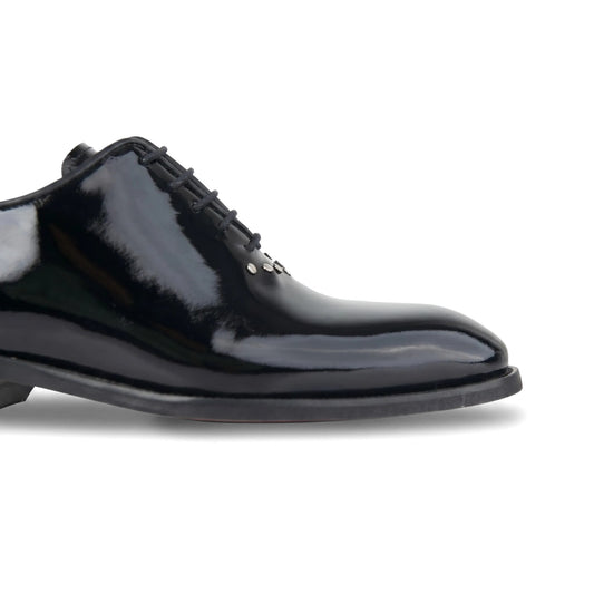 Bulletti Men's Leather Dress Lace Up 1-421 black patent shoe, bottom view showing red outsole and black heel