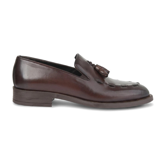 Bulletti men's leather dress slip-on with tassel 96-378 in brown, rear side view showing low heel loafer.