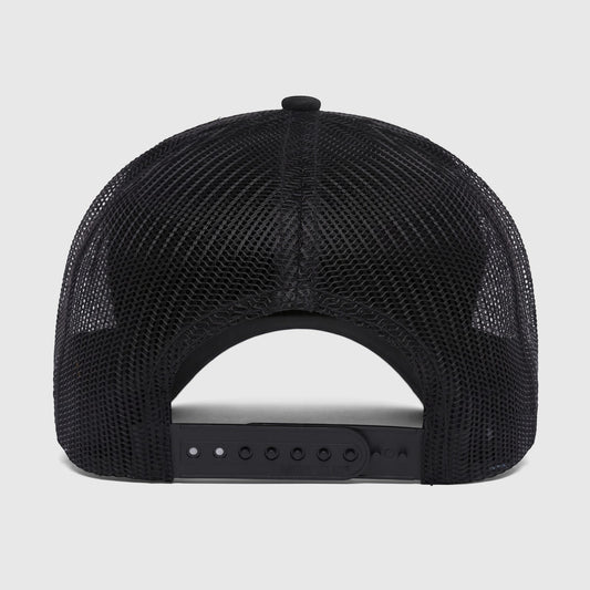 Black Cat 5 Panel Logo Promo Cap with a mesh back, featuring a yellow CAT logo on the front, shown from a slightly elevated