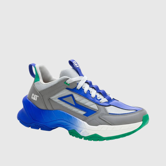 Cat Men's Amperage P726918 Wild Dove CT423 sneakers in grey, blue, green, and white, shown in a side profile view.