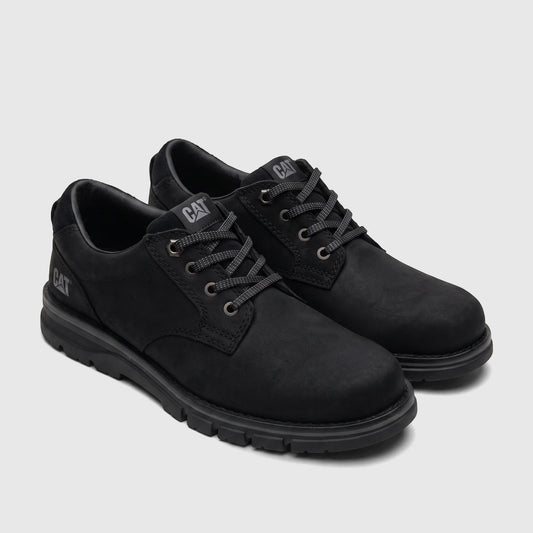 Cat Men's Estimate Lo P727005 Black leather lace-up shoe, shown in a side profile view.