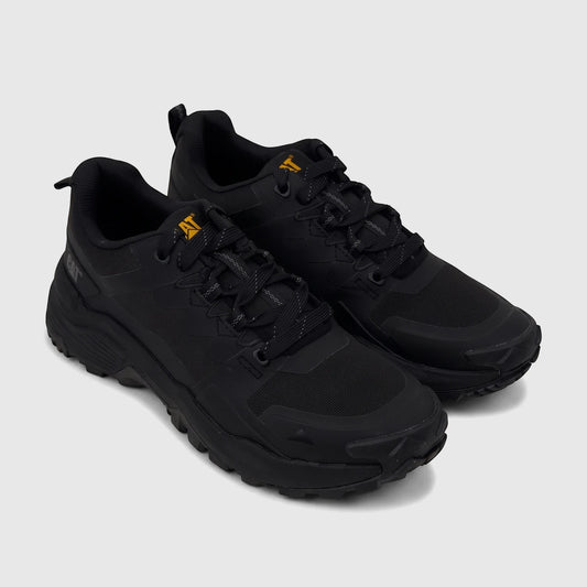 A black Cat Men's Grapple No Sew P726819 athletic shoe with a rugged sole, shown in a side profile view.