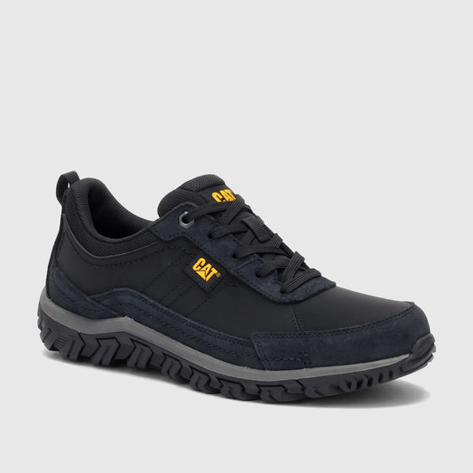 Cat Men's Press Lo P727141 Black CT435 casual low-top shoe, side view, with yellow logo.