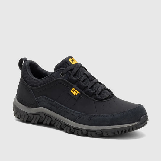 Cat Men's Press Sport Lo P727143 in black with a rugged outsole, padded collar, and durable upper for everyday wear.