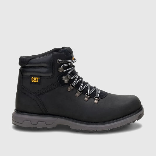 Cat Men's Pursue Hiker P727002 Black CT397, a black leather hiking boot with gray sole and striped laces, side view.