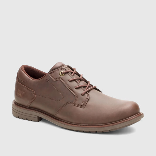 Cat Men's Staten Lo P726700 dark brown leather oxford-style shoe, shown from the side, featuring laces and a durable sole.