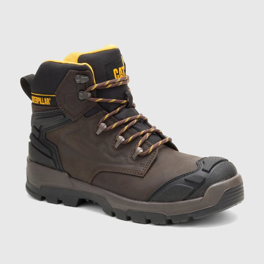 Brown Caterpillar Men's Striver XL 6-inch safety boot. Durable work boot with a protective toe, rugged sole, and yellow
