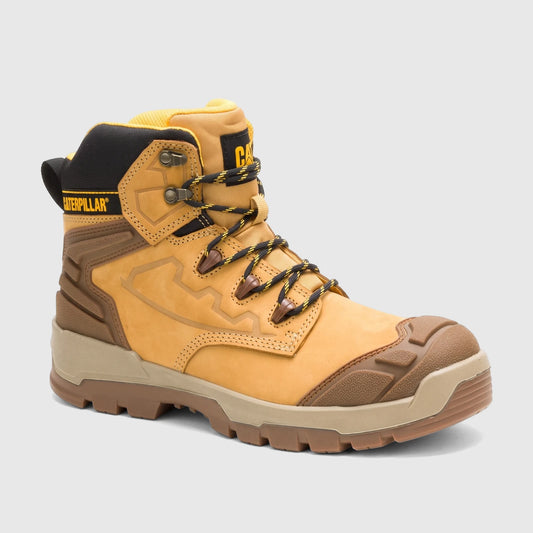 Cat Men's Striver XL 6-inch safety boot in honey brown, viewed from the side, with black laces and durable sole.