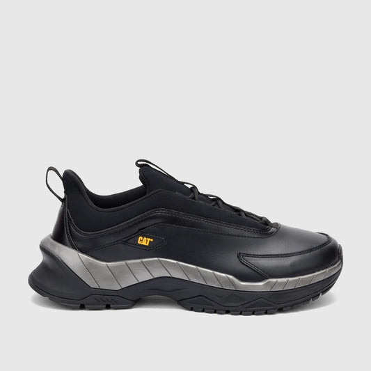 Men's black and silver Cat Voltage P726843 sneaker with a chunky sole and pull tab, shown from the side.