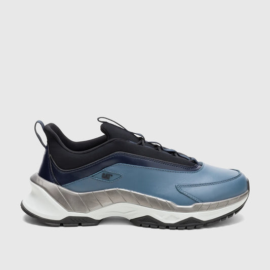 Cat Men's Voltage P726845 CT406 sneaker in oceanview blue with navy accents and a metallic gray sculpted midsole, shown from