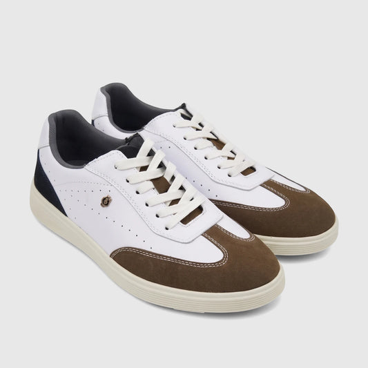 Crockett and Jones Roberto men's sneaker, featuring white leather, brown suede toe, and navy heel in a side profile view.