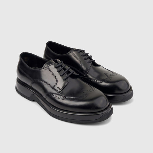 Formales men's black hi-shine leather chunky sole lace-up formal shoe, side view, showing detailed brogue perforations.