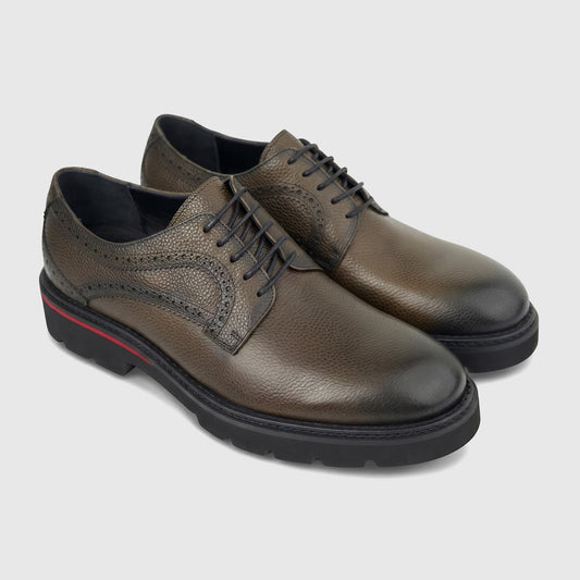 Khaki Formales Men's Leather Chunky Sole Lace Up shoe, featuring brogue perforations and a red stripe on the side.