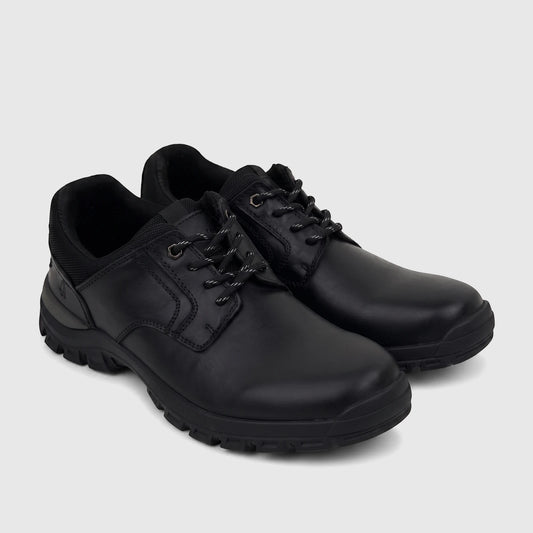 HP Men's Comfort Lace Up Dawie shoe in black leather, featuring a rugged sole and side view.