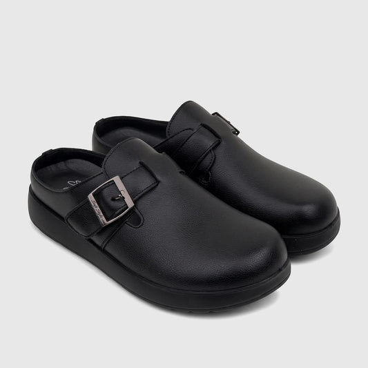 Black Hush Puppies Soft Style Noelle comfort clog for ladies, featuring a textured upper and a silver buckle, shown in a