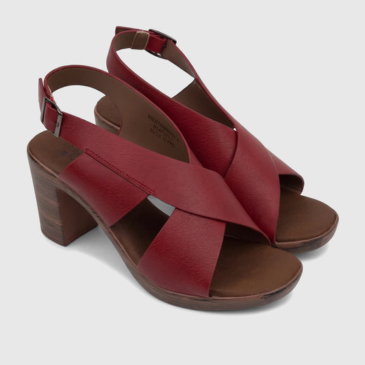 Burnished dark red Hush Puppies Soft Style ladies' block heel sandal with a chunky wood-grain platform and ankle strap,