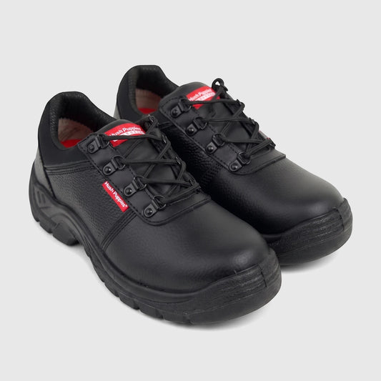 Black HP Unisex safety lace-up shoe with a steel toe, textured upper, and robust sole, shown from a side view.