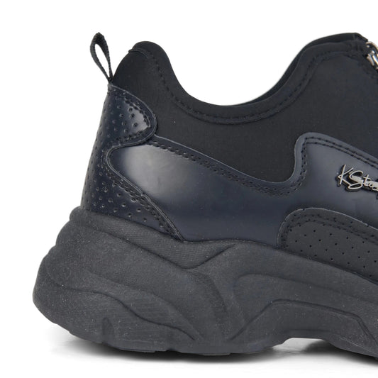 Klevas Ladies Sneaker K7726L Velvet Black Mono KL19, black slip-on sneaker with zip front and chunky sole, side view.