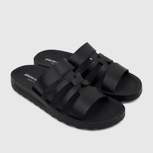 Black ladies' casual sandal with multiple straps and a textured sole, presented in a side profile view.
