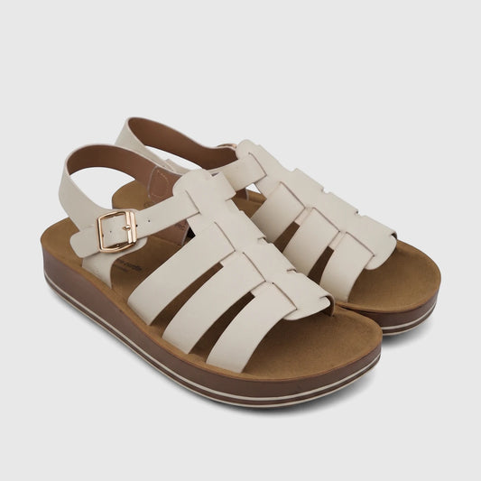 PC Ladies Comfort Sandal PCL11020 in white and brown. Cream fisherman-style straps, gold buckle, chunky platform sole. Side