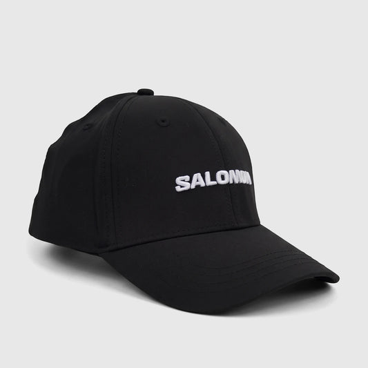 Front view of a black Salomon adjustable cap with the brand name 'SALOMON' embroidered in white across the front.