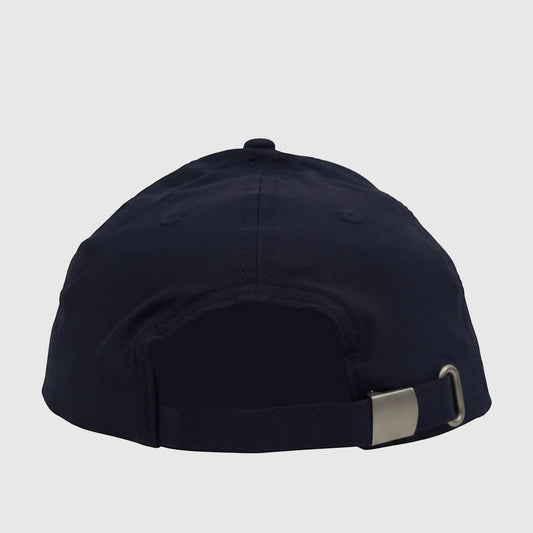 Front view of a navy blue Salomon adjustable cap, featuring the 'SALOMON' logo embroidered prominently on the front.