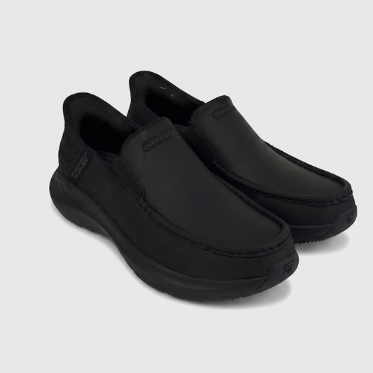 Skechers Men's Comfort Casual Slip-Ins Parson black loafer shoe, side view, ready for everyday wear.
