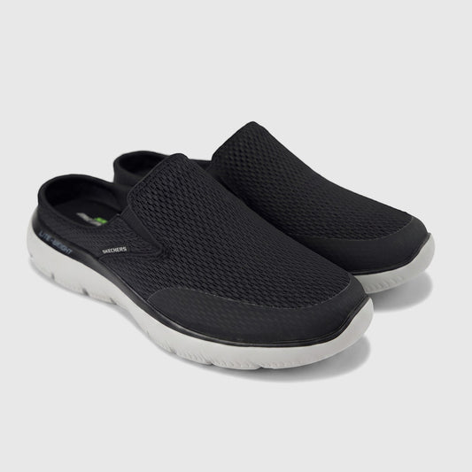 Skechers Men's Comfort Open Back Summits Vindicator slip-on shoe in black with a light grey sole, side view.