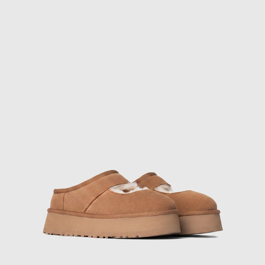 Ugg Ladies Clog Bea Mary Jane in chestnut suede, side view showing platform sole and cozy shearling lining.