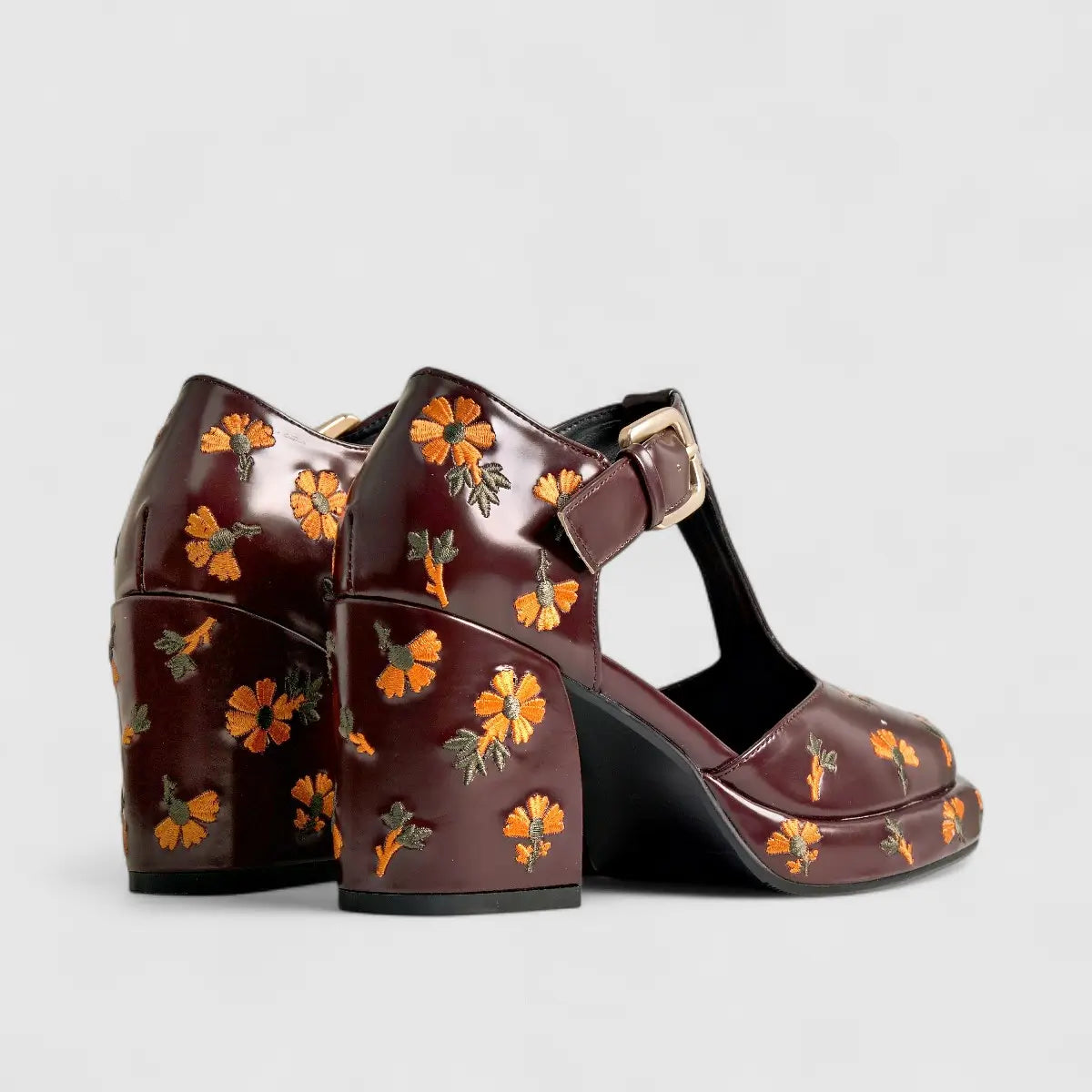 Bulbul Block Heel Burgandy Flower Heels | familyshoecentre