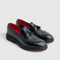 Formales Men's (UK4 TO UK12) Leather Chunky Sole Loafer With Brogue,Tassel And Fringe 0603 Black Combo FC142