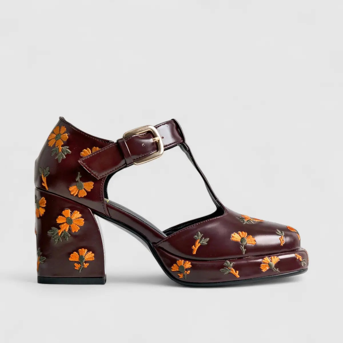 Bulbul Block Heel Burgandy Flower Heels | familyshoecentre