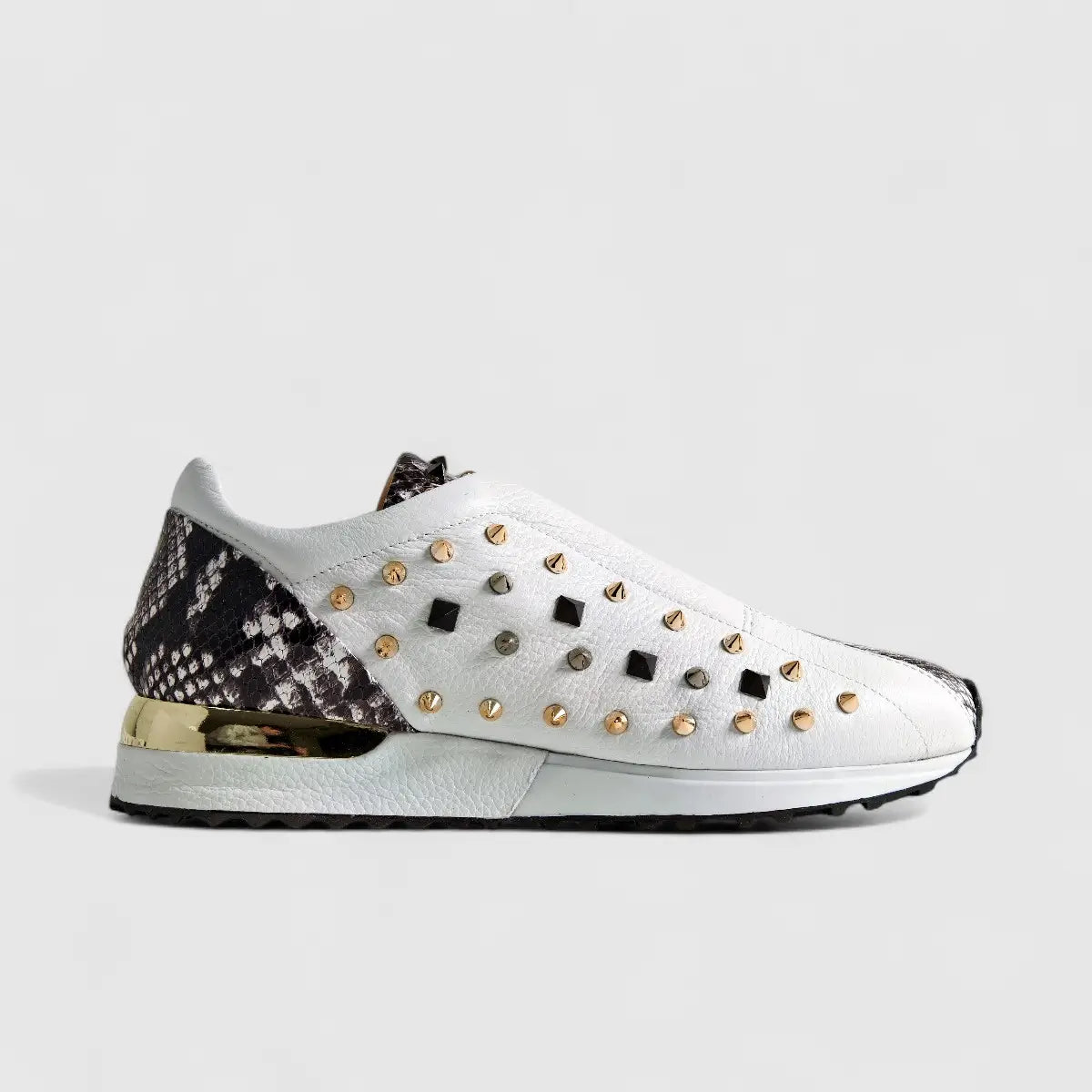 Poletto Ladies Leather Stud Sneaker White Snake 4257143 Sneakers | familyshoecentre