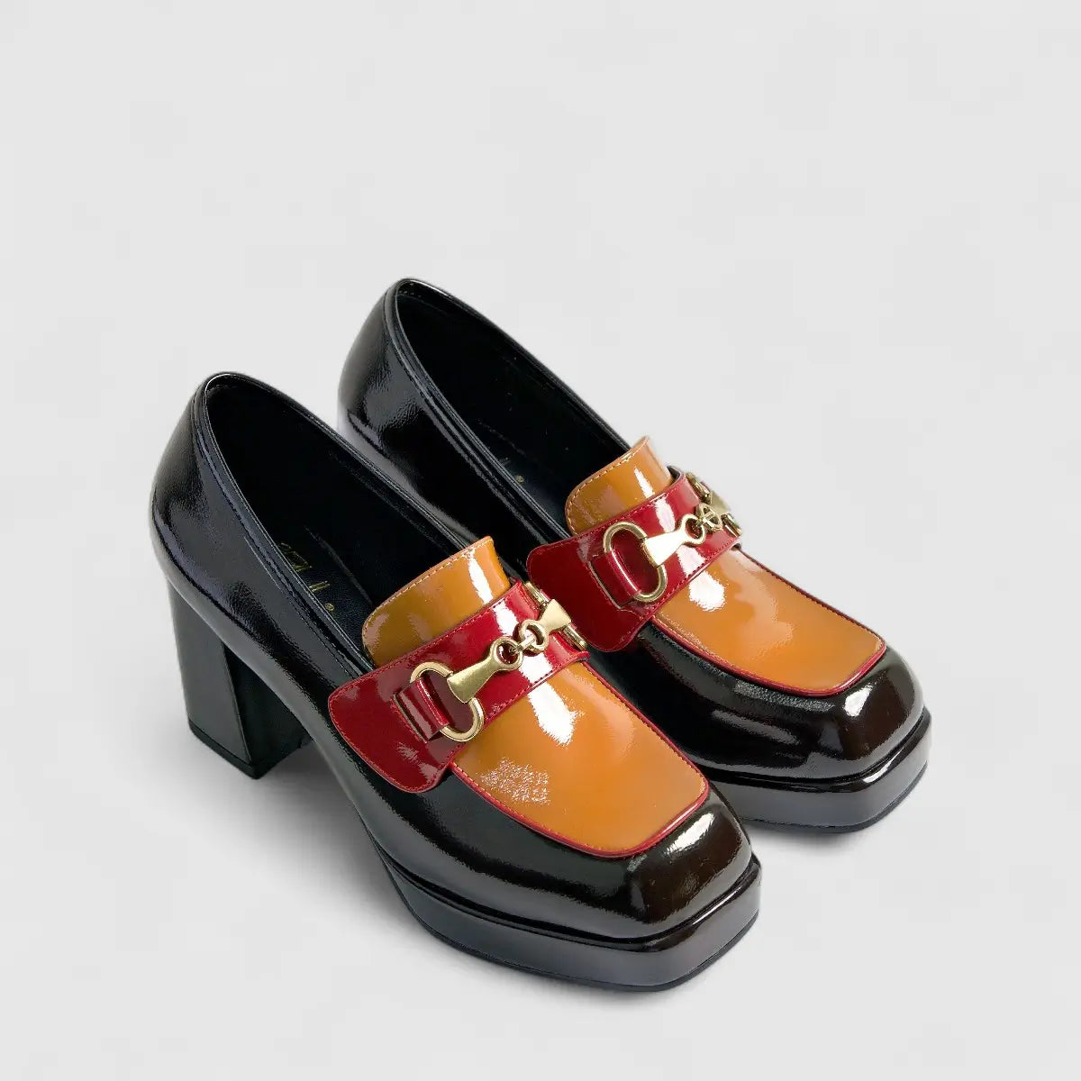 Bulbul Block Heel Black/Tan Heels | familyshoecentre