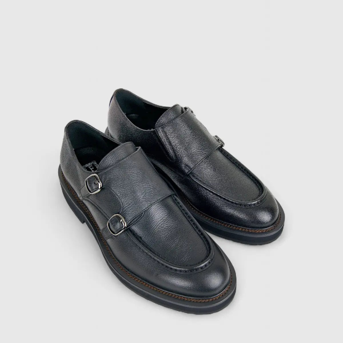 Formales Men's Leather Chunky Sole Double Monk Strap FM2025-833 Black FK17