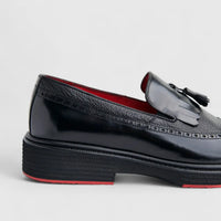 Formales Men's (UK4 TO UK12) Leather Chunky Sole Loafer With Brogue,Tassel And Fringe 0603 Black Combo FC142