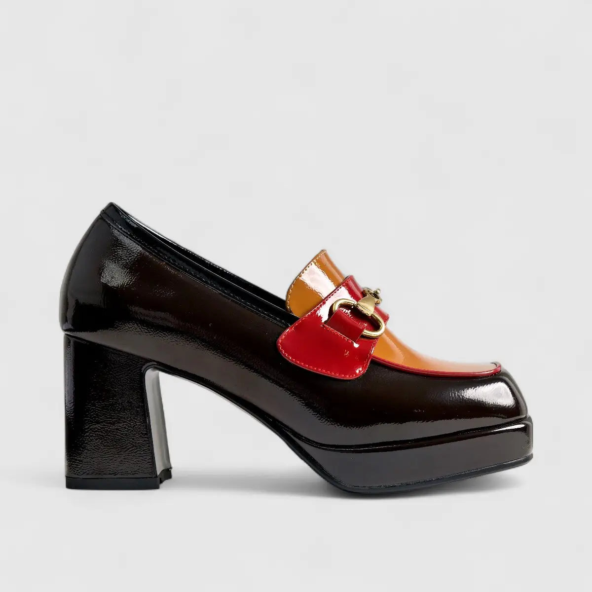 Bulbul Block Heel Black/Tan Heels | familyshoecentre