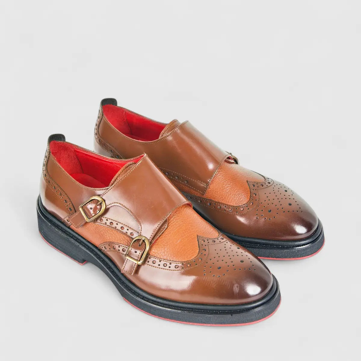 Formales Men's Leather Chunky Sole Double Monk 2477 Tan FC111