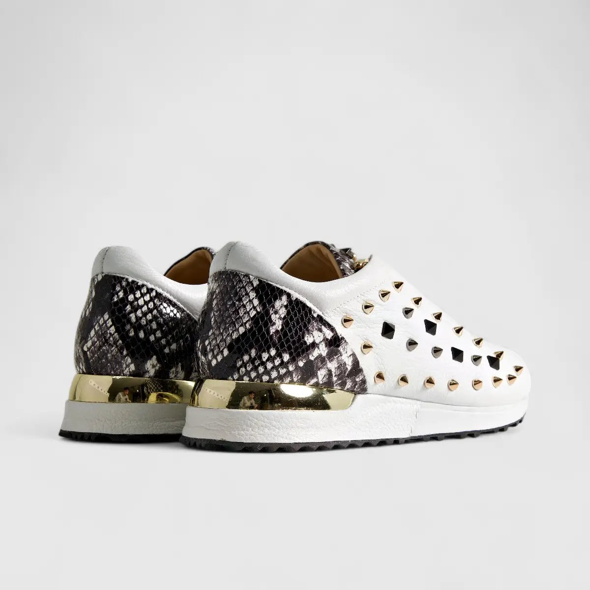 Poletto Ladies Leather Stud Sneaker White Snake 4257143 Sneakers | familyshoecentre