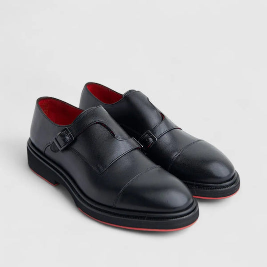 Formales Men's (UK4 TO UK12) Leather Chunky Sole Loafer Double Monk 0509 Black FC137