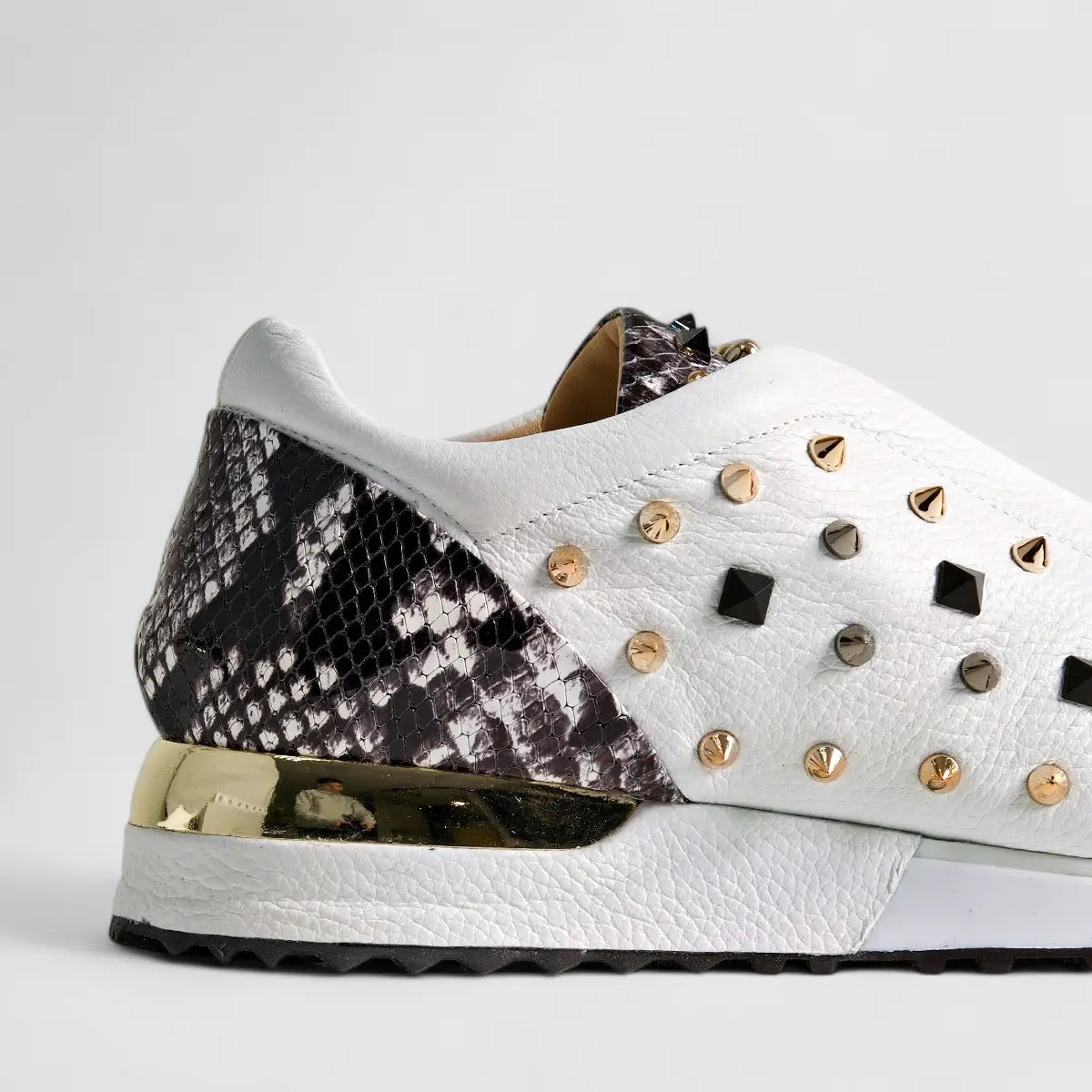 Poletto Ladies Leather Stud Sneaker White Snake 4257143 Sneakers | familyshoecentre