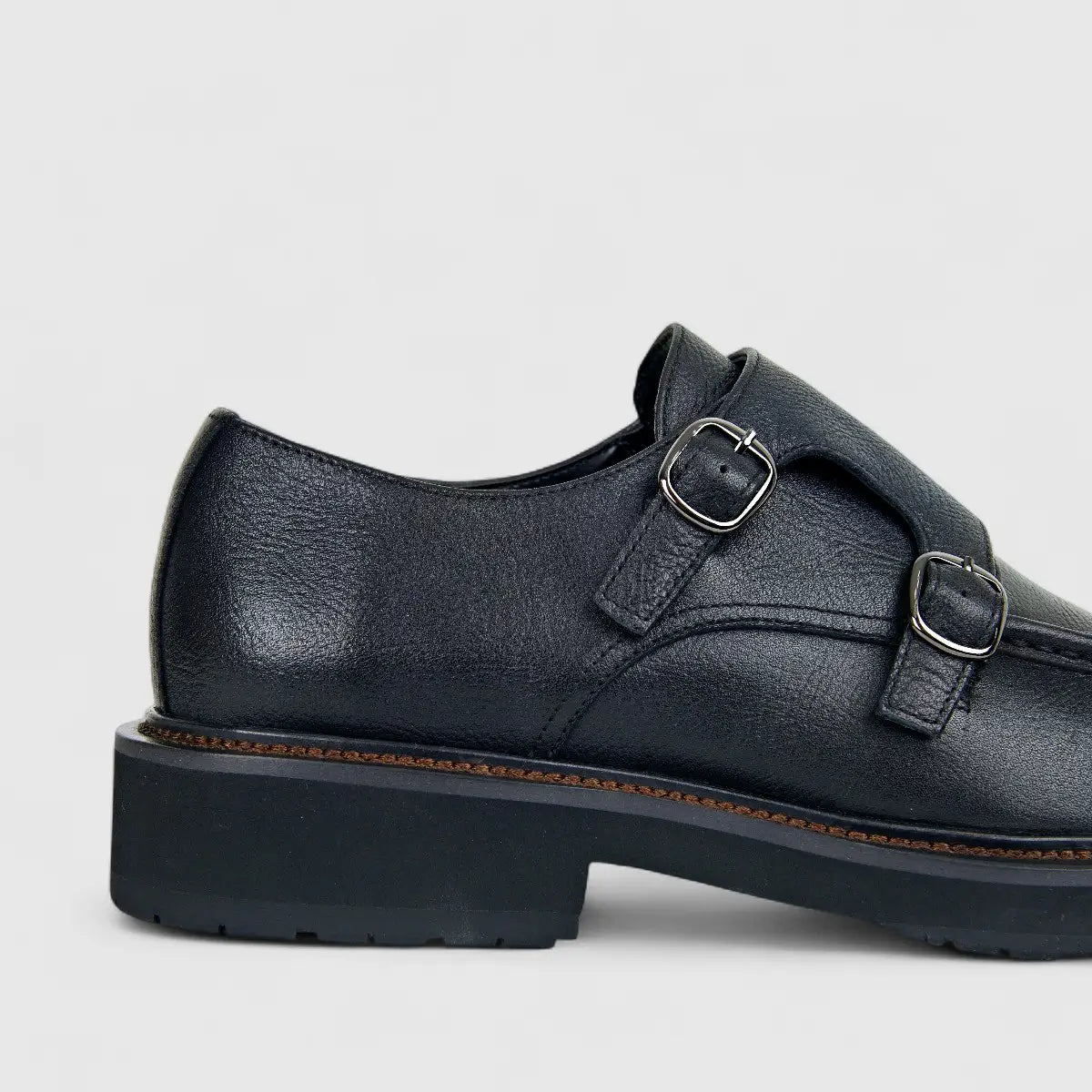 Formales Men's Leather Chunky Sole Double Monk Strap FM2025-833 Black FK17