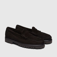 A pair of black suede men's chunky sole loafers with visible stitching and lug soles.